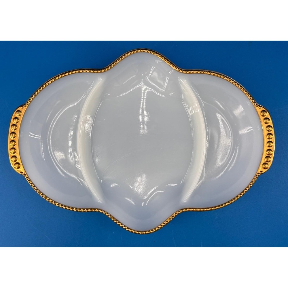 Vintage Fire-King Milk Glass Divided Relish Dish – White with Gold Trim –‎ USA
